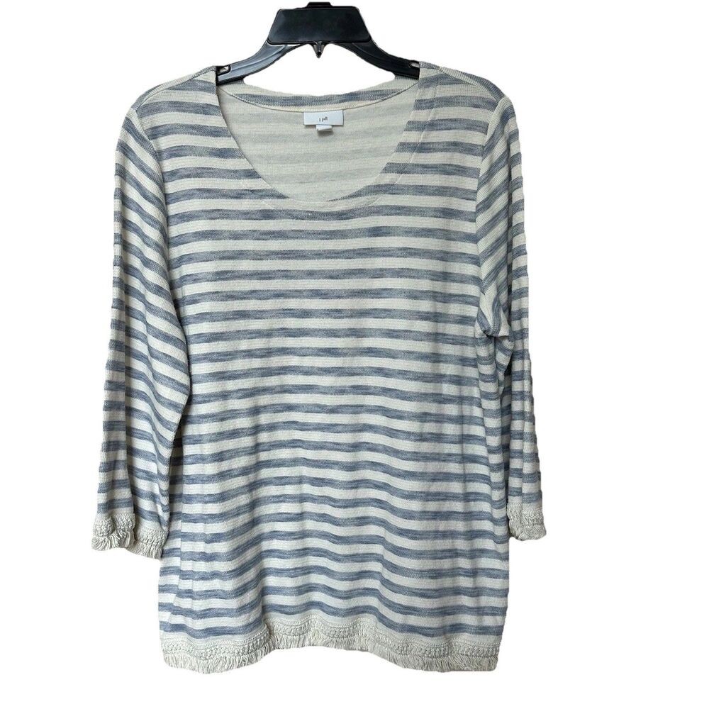 J Jill Top Lg 3/4 Sleeve White Blue Striped Nautical Marine Coastal Preppy Boxy